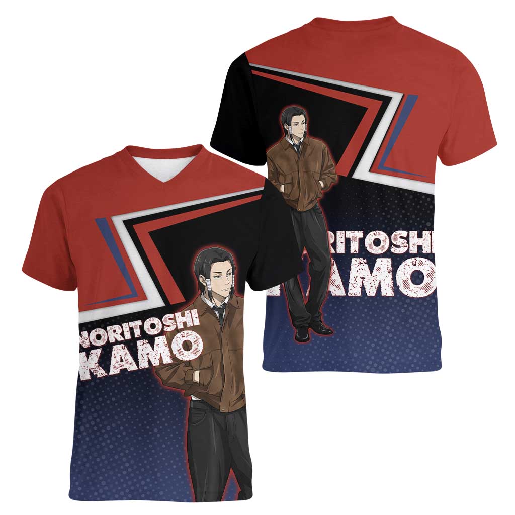 Noritoshi Kamo Women V-Neck T-Shirt Red and Navy Anime Style