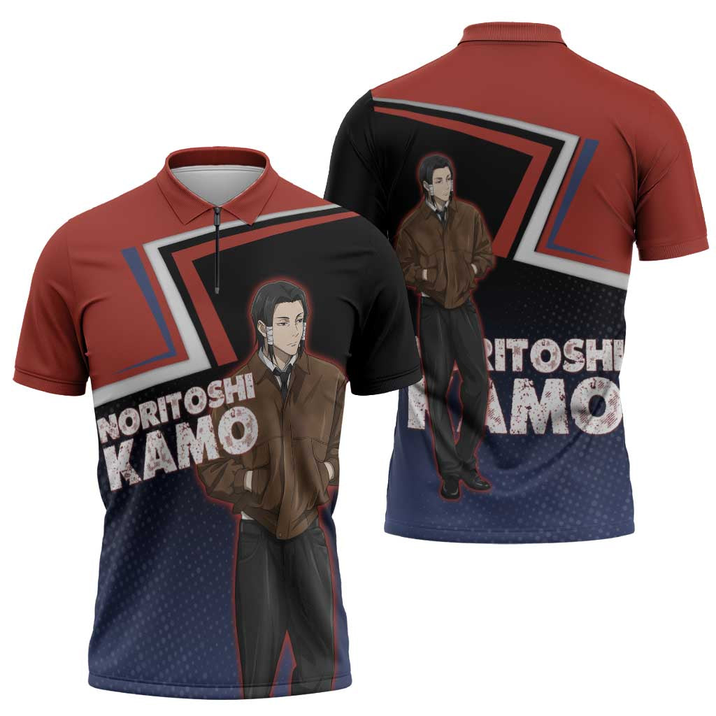Noritoshi Kamo Zipper Polo Shirt Red and Navy Anime Style