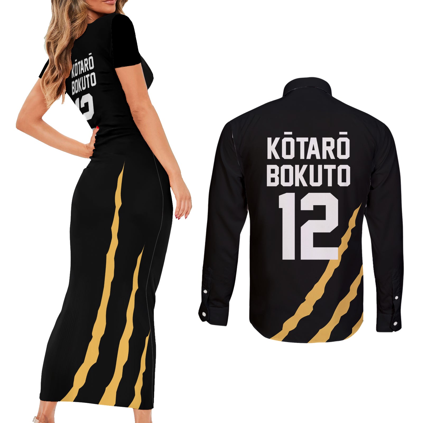 Kotaro Bokuto - Number 12 MSBY Anime Couples Matching Short Sleeve Bodycon Dress and Long Sleeve Button Shirt