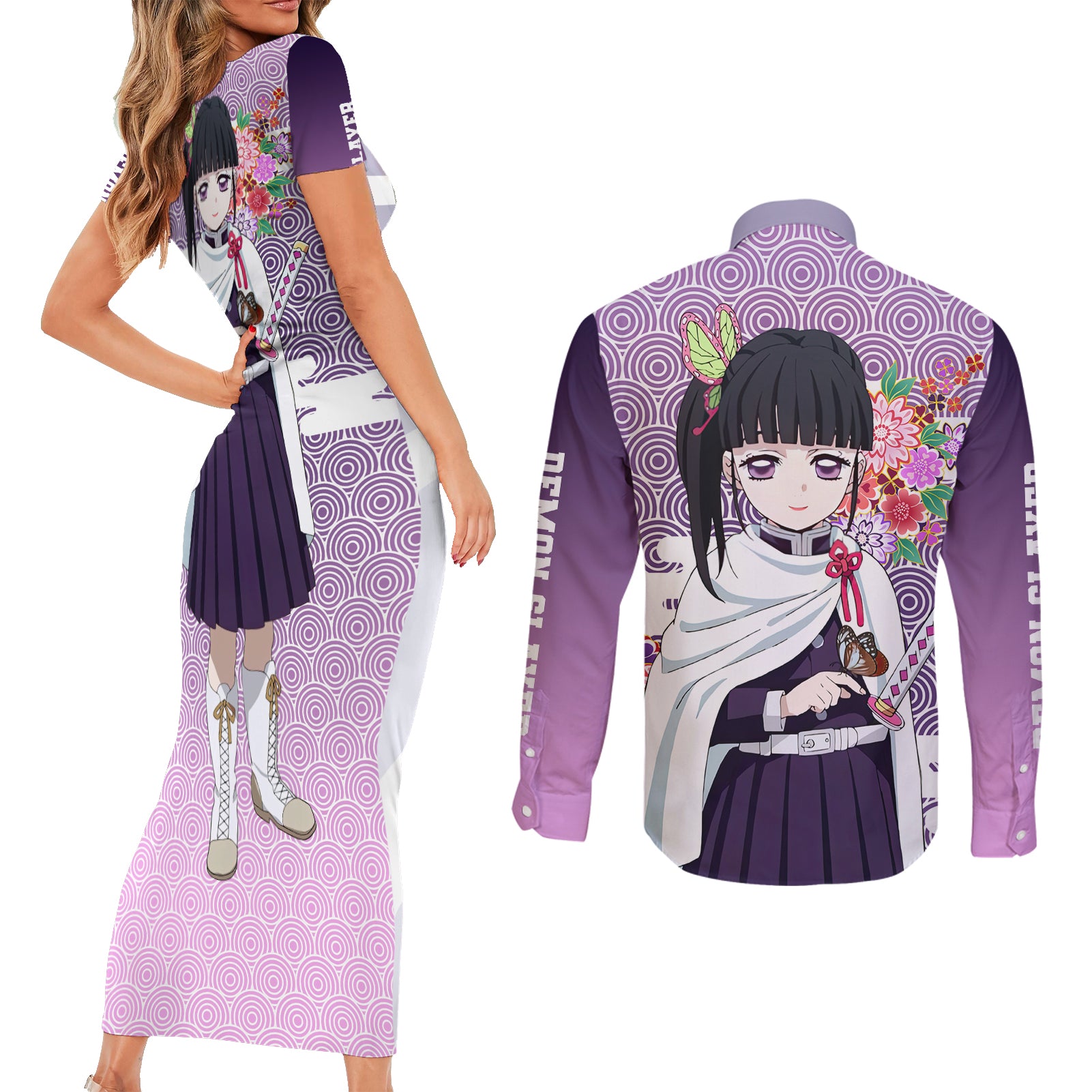 Kanao Tsuyuri Couples Matching Short Sleeve Bodycon Dress and Long Sleeve Button Shirt