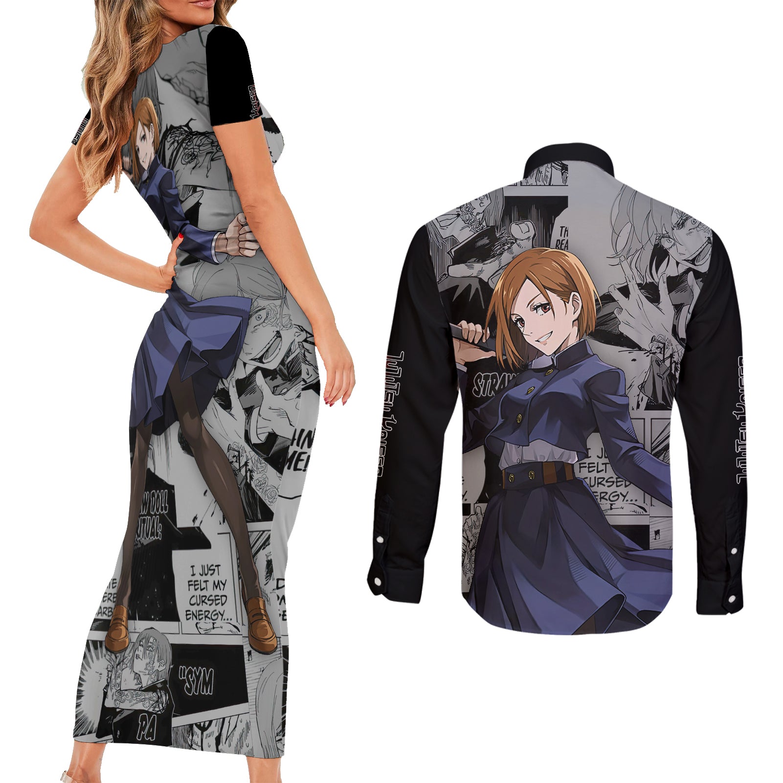 Nobara Kugisaki - Manga Great Style Couples Matching Short Sleeve Bodycon Dress and Long Sleeve Button Shirt