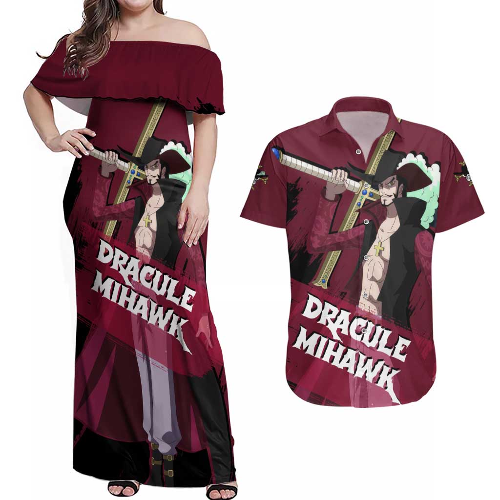 Dracule Mihawk - One Piece Couples Matching Off Shoulder Maxi Dress and Hawaiian Shirt Anime Style