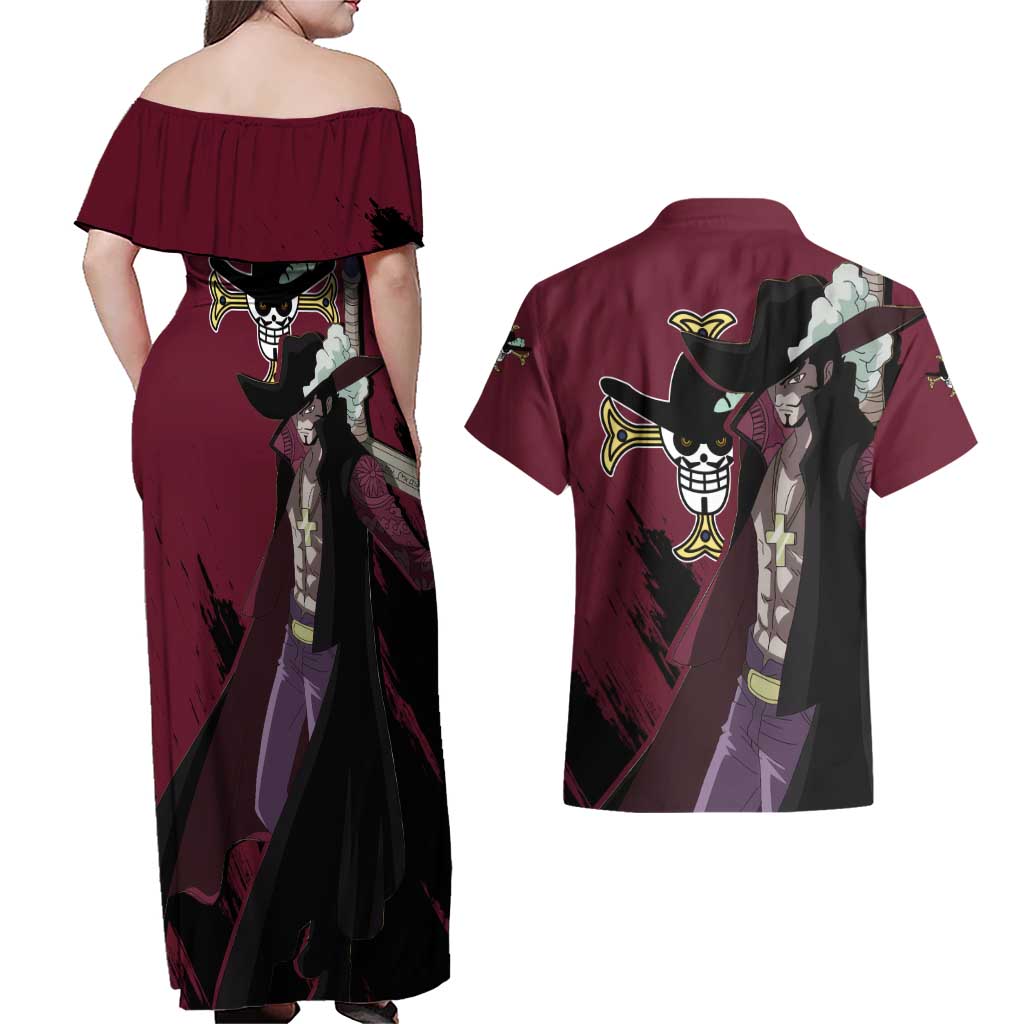 Dracule Mihawk - One Piece Couples Matching Off Shoulder Maxi Dress and Hawaiian Shirt Anime Style