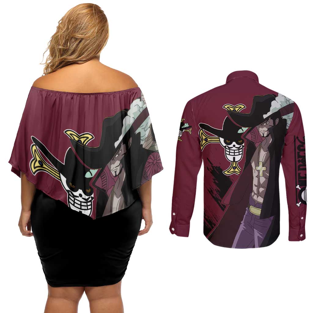 Dracule Mihawk - One Piece Couples Matching Off Shoulder Short Dress and Long Sleeve Button Shirt Anime Style