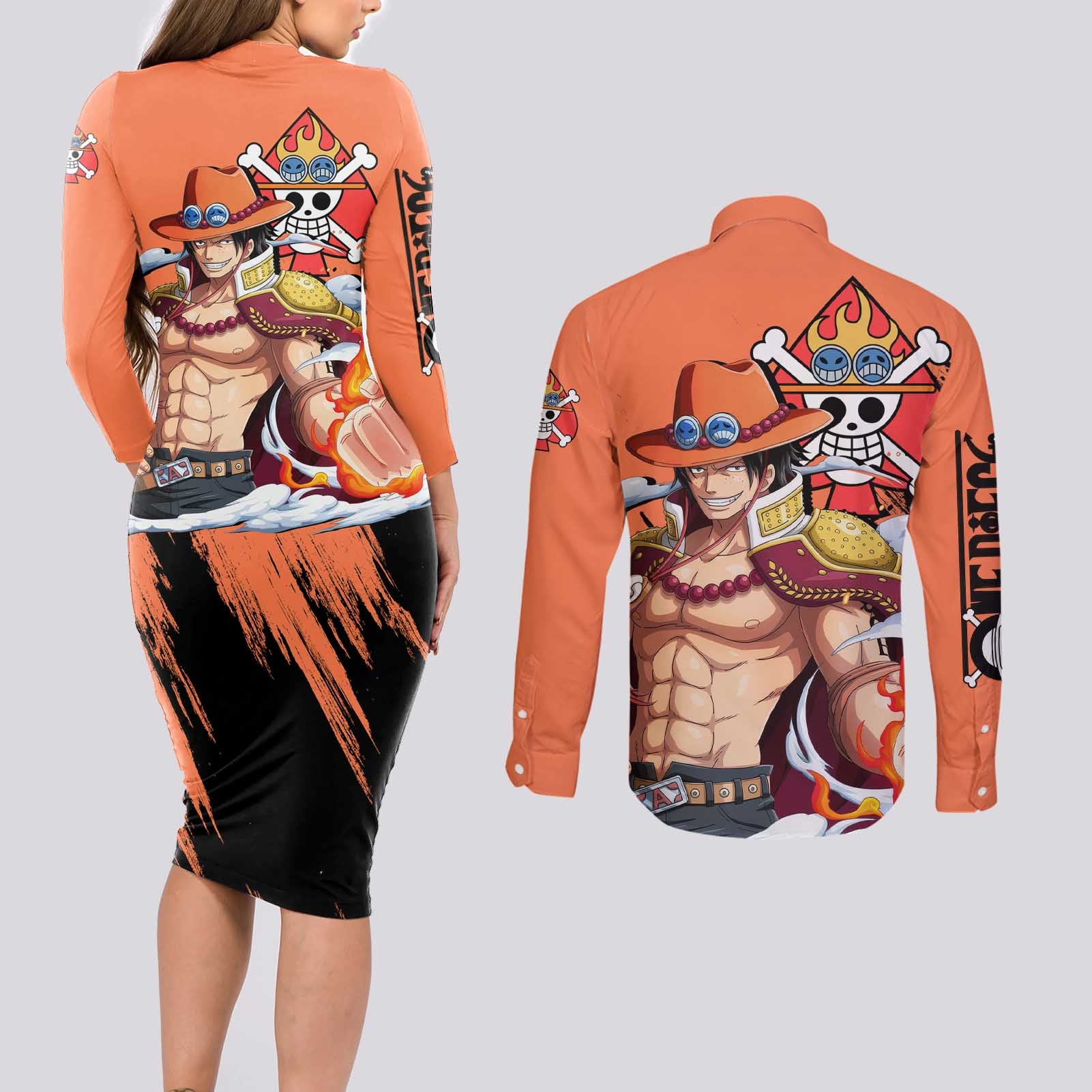 Portgas D.Ace - One Piece Couples Matching Long Sleeve Bodycon Dress and Long Sleeve Button Shirt Anime Style
