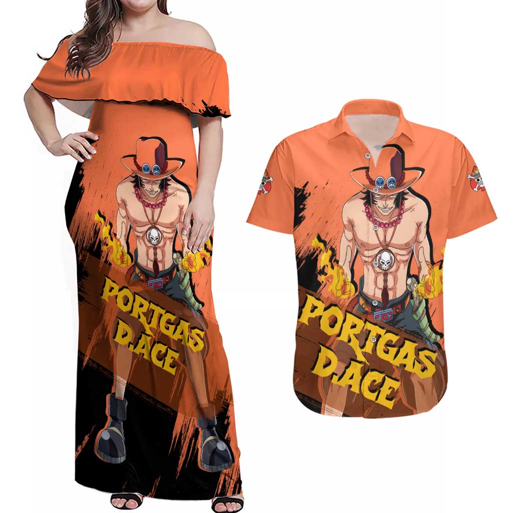 Portgas D.Ace - One Piece Couples Matching Off Shoulder Maxi Dress and Hawaiian Shirt Anime Style