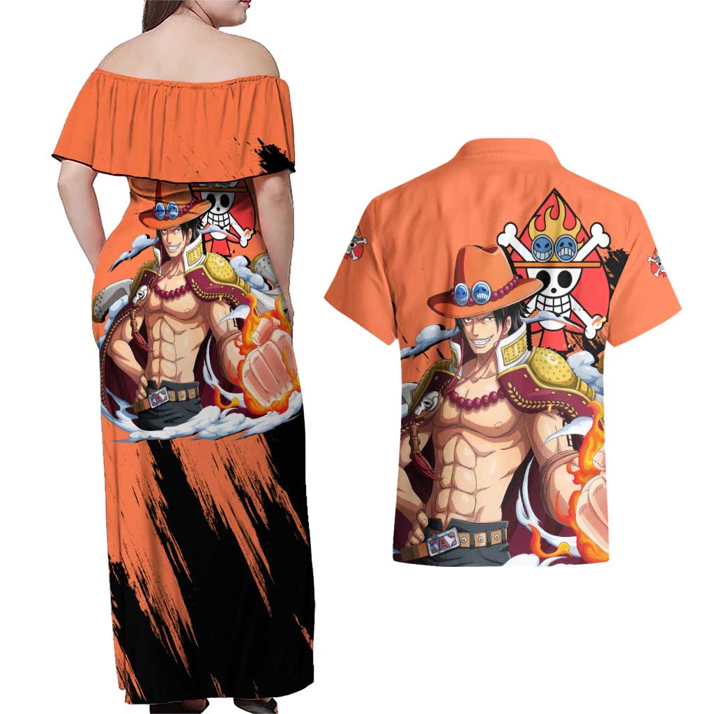 Portgas D.Ace - One Piece Couples Matching Off Shoulder Maxi Dress and Hawaiian Shirt Anime Style