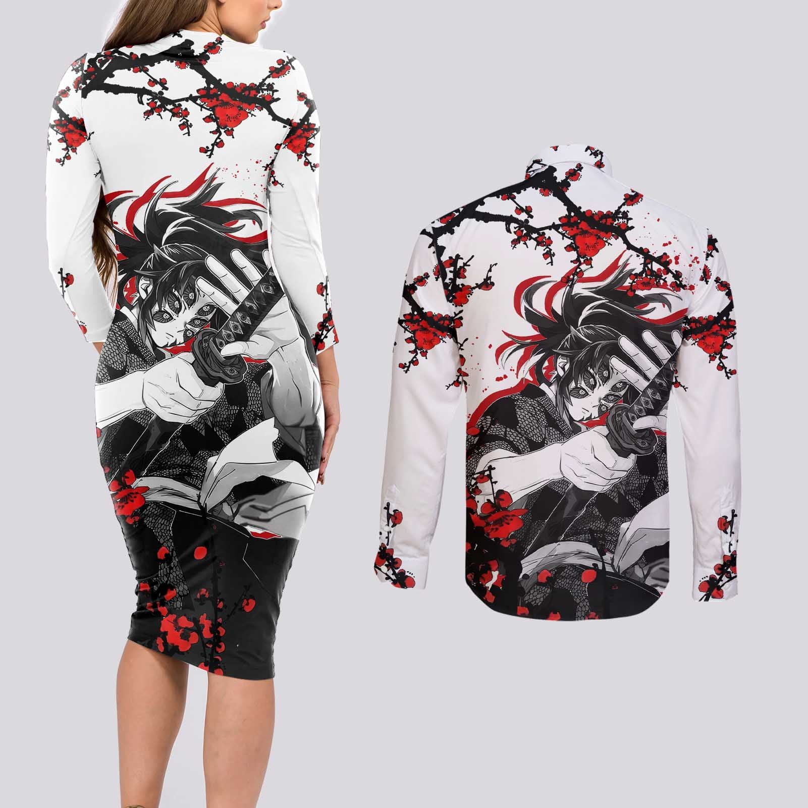 Kokushibo - Demon Slayer Couples Matching Long Sleeve Bodycon Dress and Long Sleeve Button Shirt Anime Japan Style