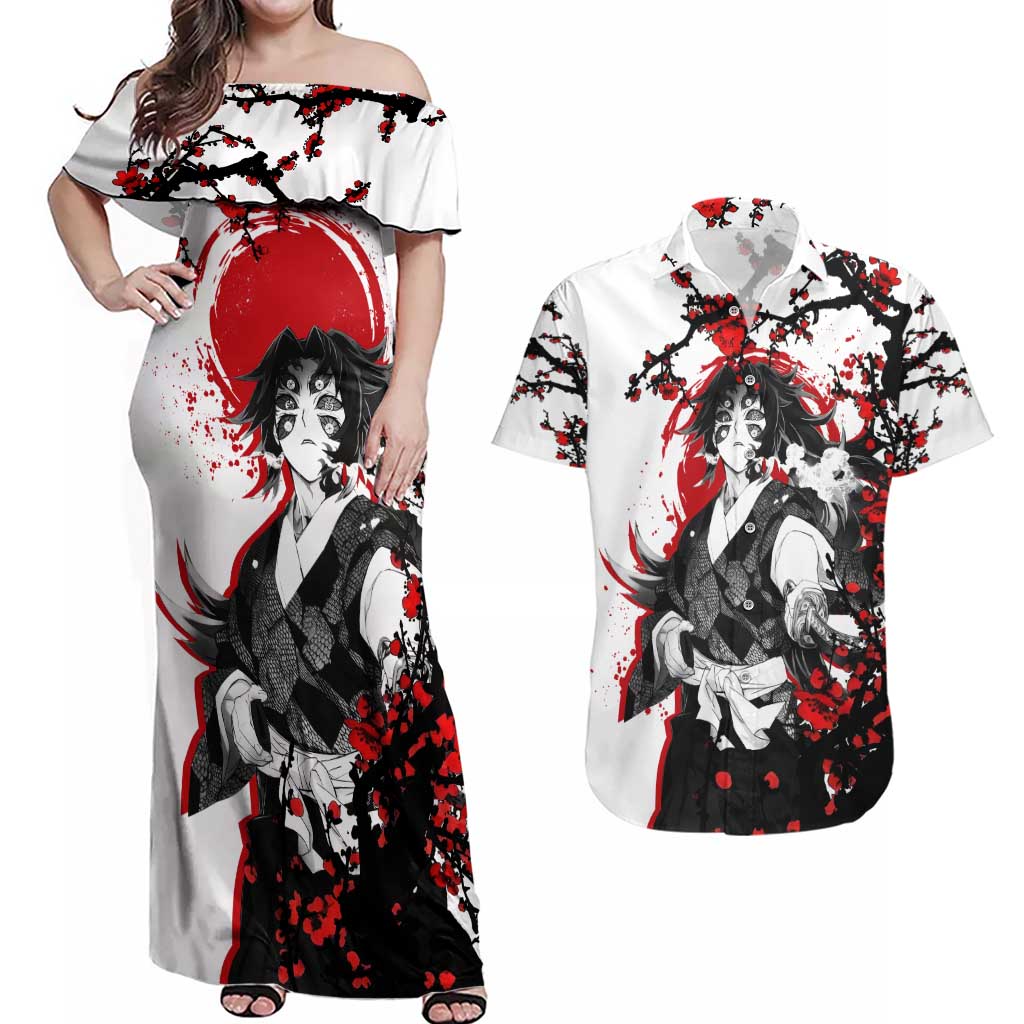 Kokushibo - Demon Slayer Couples Matching Off Shoulder Maxi Dress and Hawaiian Shirt Anime Japan Style