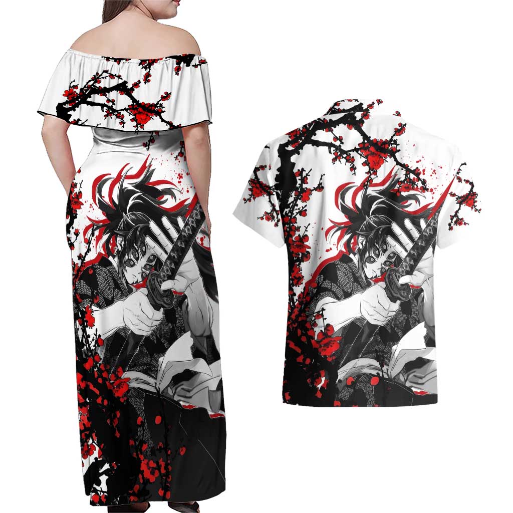 Kokushibo - Demon Slayer Couples Matching Off Shoulder Maxi Dress and Hawaiian Shirt Anime Japan Style
