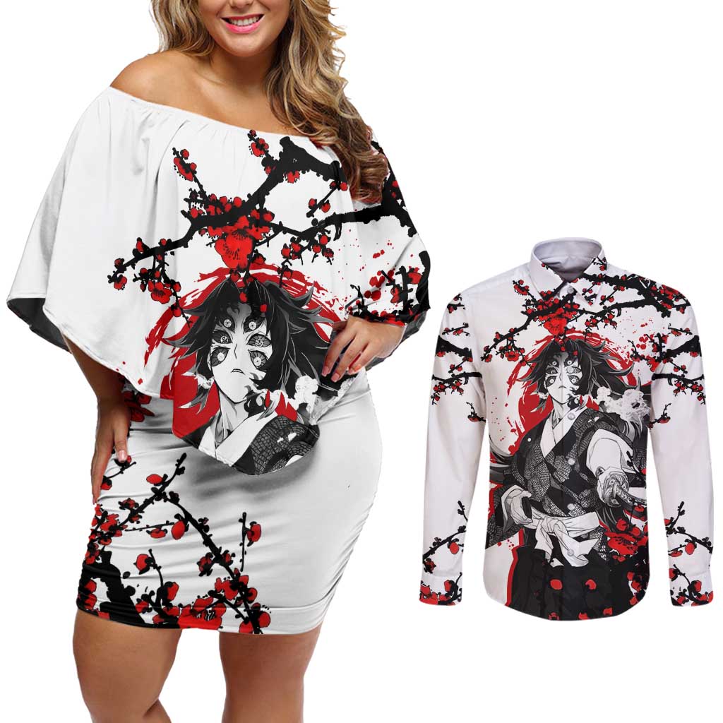 Kokushibo - Demon Slayer Couples Matching Off Shoulder Short Dress and Long Sleeve Button Shirt Anime Japan Style