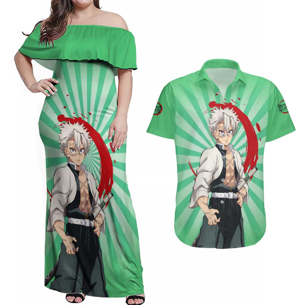 Sanemi Shinazugawa - Demon Slayer Couples Matching Off Shoulder Maxi Dress and Hawaiian Shirt Anime Mix Pattern Style