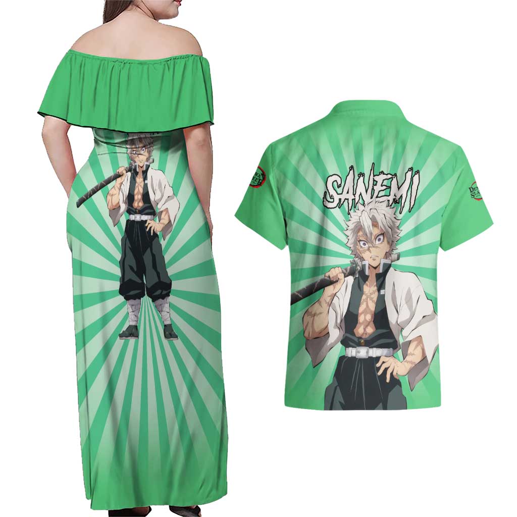 Sanemi Shinazugawa - Demon Slayer Couples Matching Off Shoulder Maxi Dress and Hawaiian Shirt Anime Mix Pattern Style