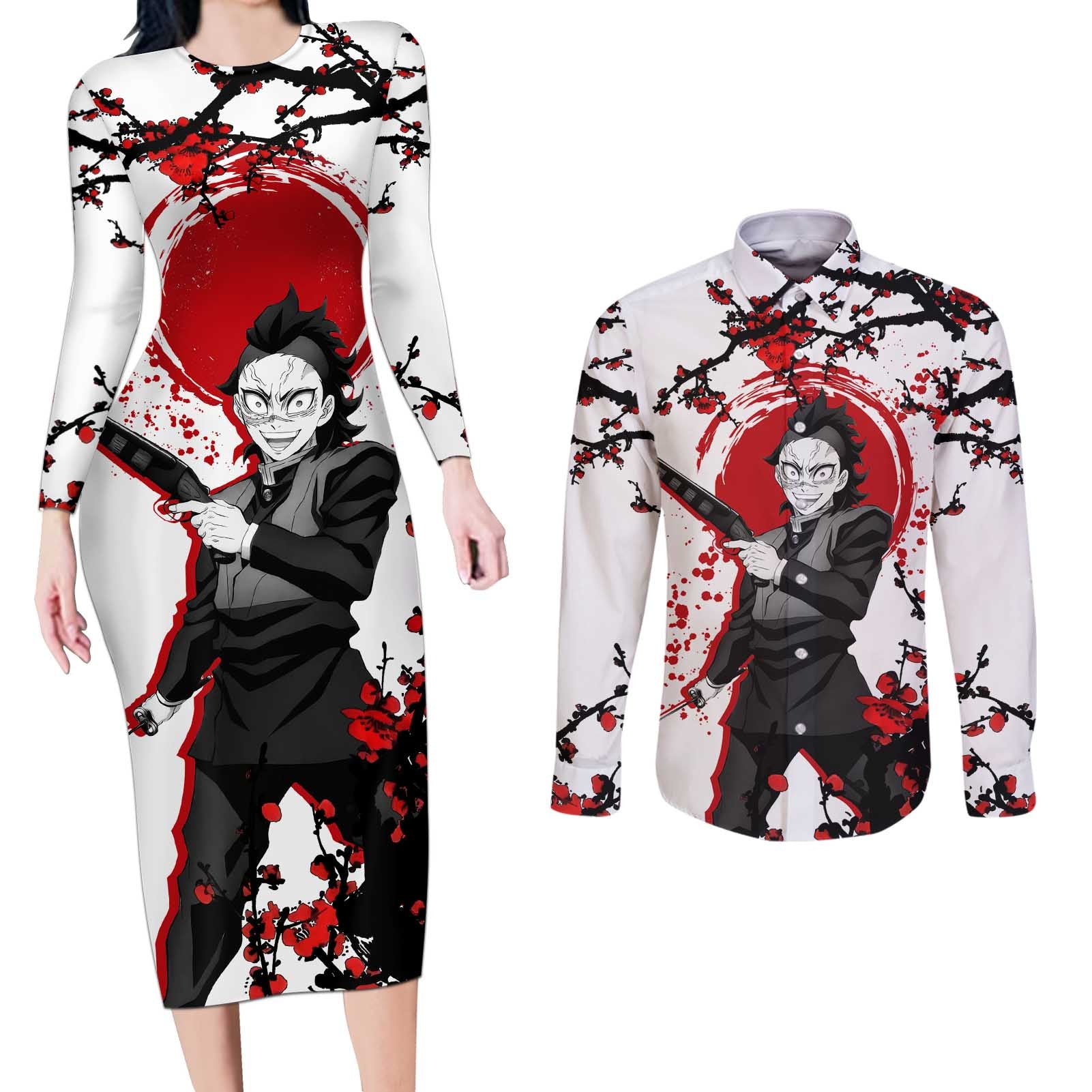 Shinazugawa Genya - Demon Slayer Couples Matching Long Sleeve Bodycon Dress and Long Sleeve Button Shirt Anime Japan Style