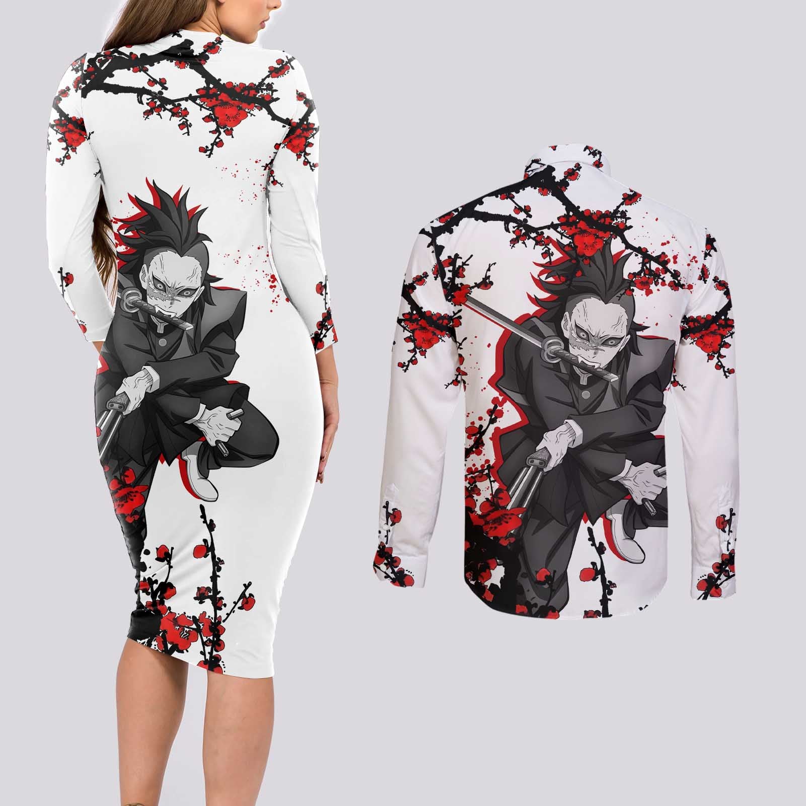 Shinazugawa Genya - Demon Slayer Couples Matching Long Sleeve Bodycon Dress and Long Sleeve Button Shirt Anime Japan Style