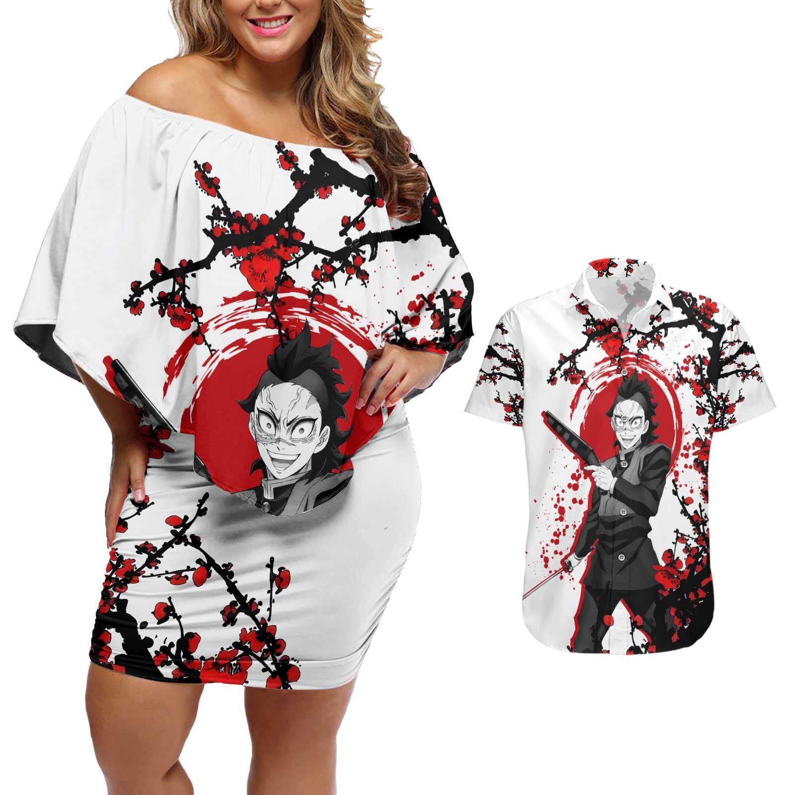 Shinazugawa Genya - Demon Slayer Couples Matching Off Shoulder Short Dress and Hawaiian Shirt Anime Japan Style