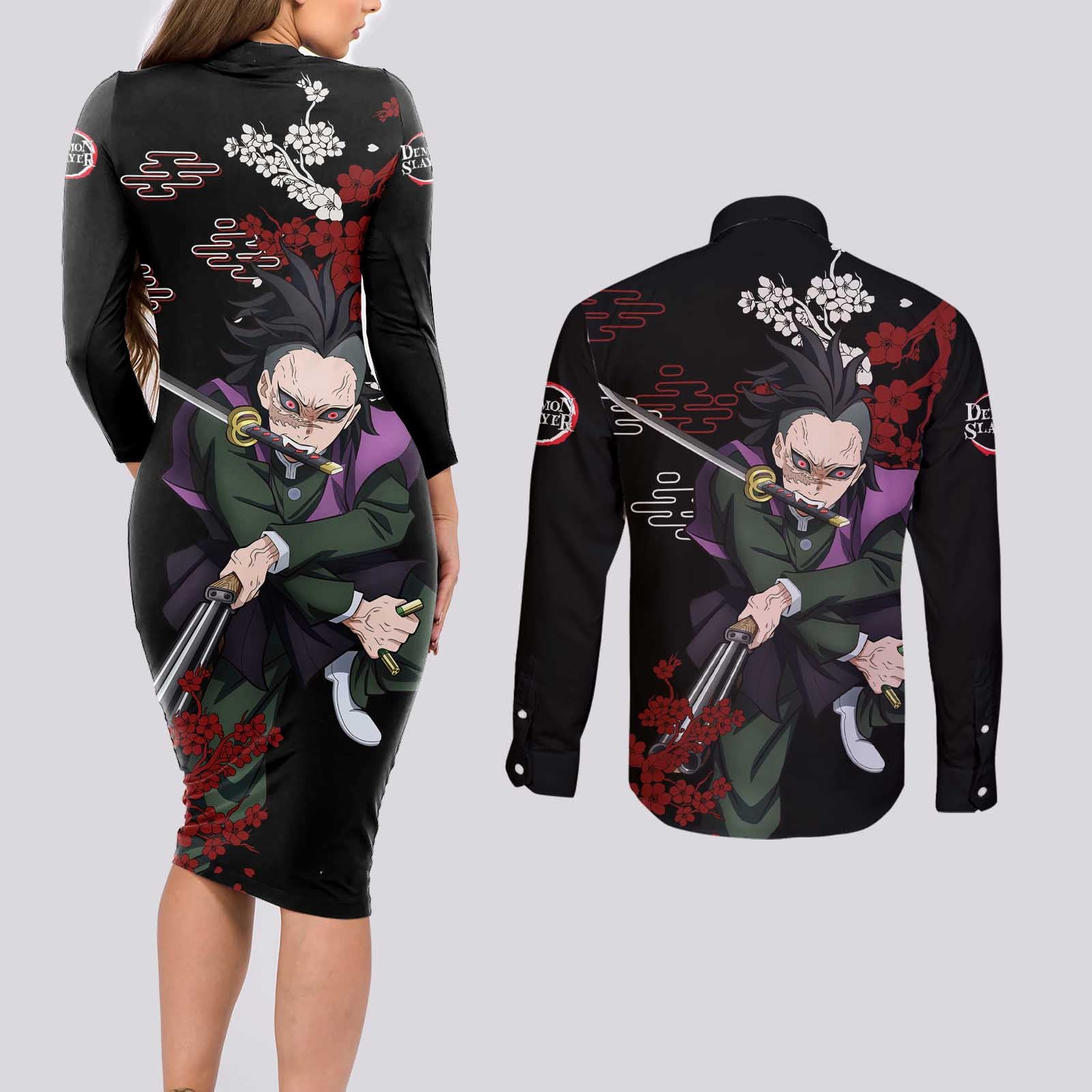 Shinazugawa Genya - Demon Slayer Couples Matching Long Sleeve Bodycon Dress and Long Sleeve Button Shirt Anime Japan Style