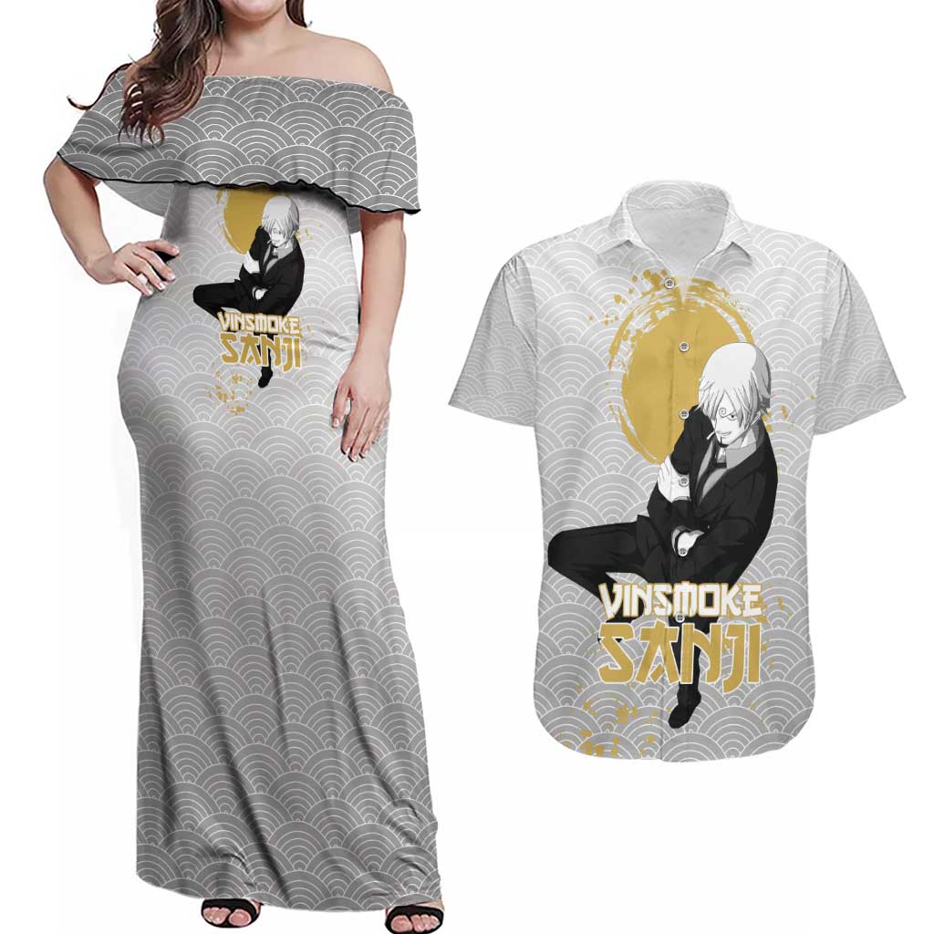 Sanji - One Piece Couples Matching Off Shoulder Maxi Dress and Hawaiian Shirt Anime Style