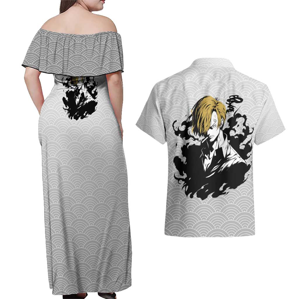 Sanji - One Piece Couples Matching Off Shoulder Maxi Dress and Hawaiian Shirt Anime Style
