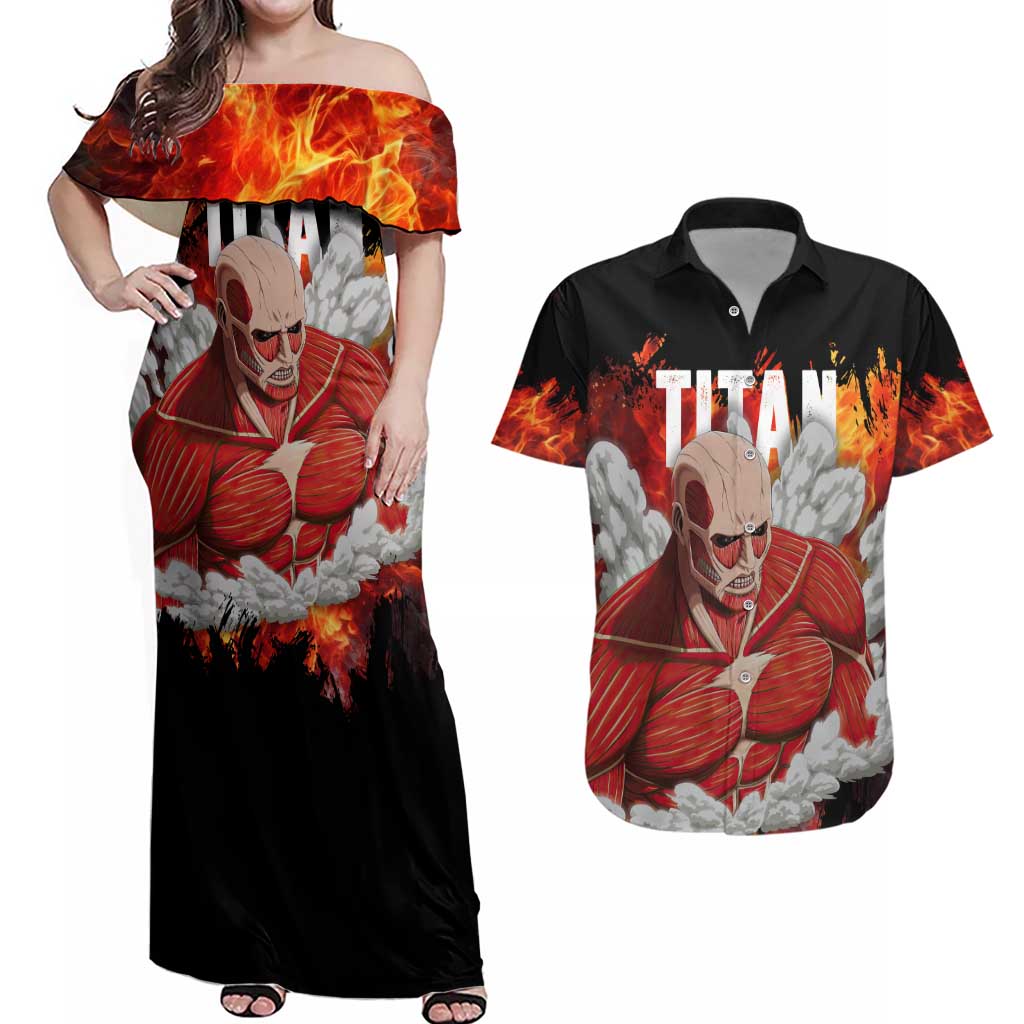AOT Giant Titan - Attack On Titan Couples Matching Off Shoulder Maxi Dress and Hawaiian Shirt Anime Style