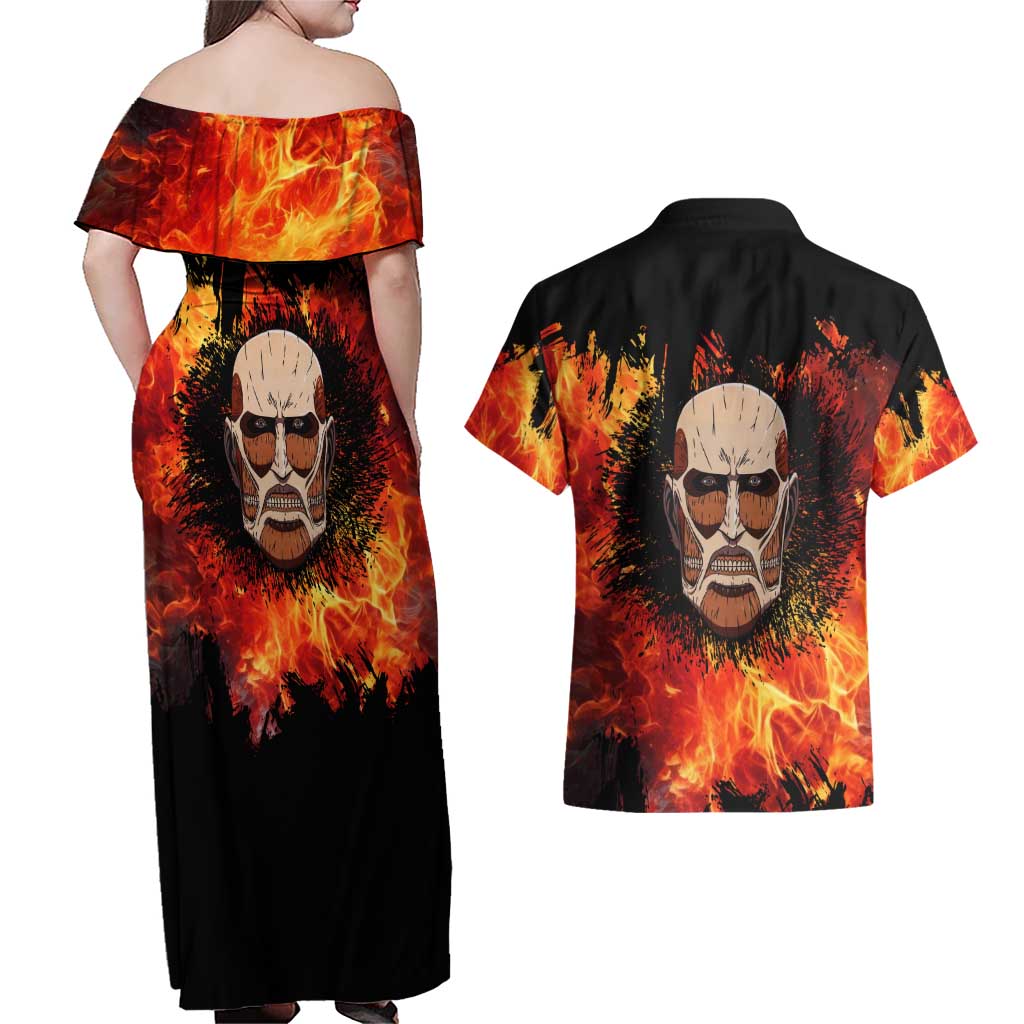 AOT Giant Titan - Attack On Titan Couples Matching Off Shoulder Maxi Dress and Hawaiian Shirt Anime Style