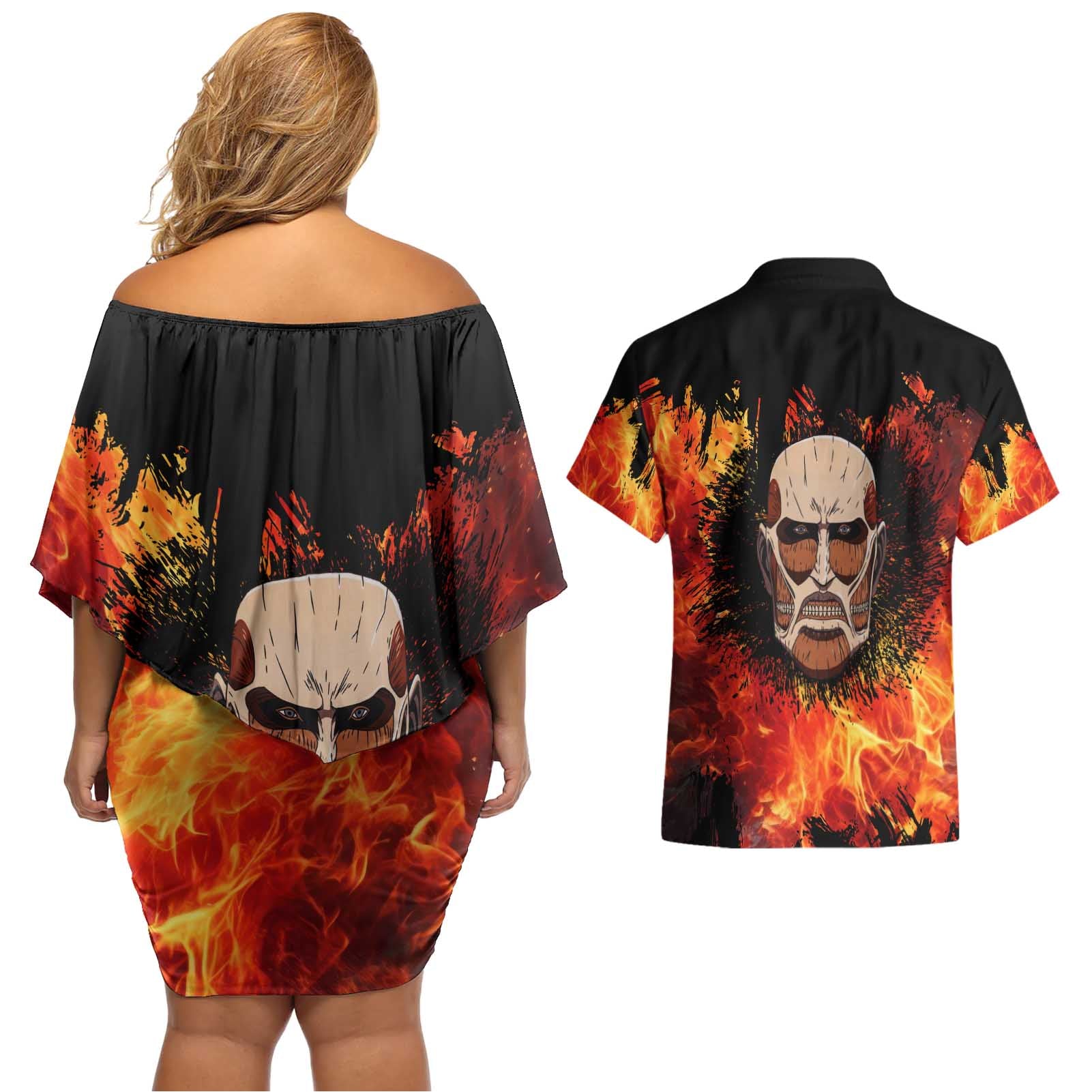 AOT Giant Titan - Attack On Titan Couples Matching Off Shoulder Short Dress and Hawaiian Shirt Anime Style