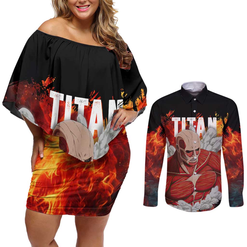 AOT Giant Titan - Attack On Titan Couples Matching Off Shoulder Short Dress and Long Sleeve Button Shirt Anime Style