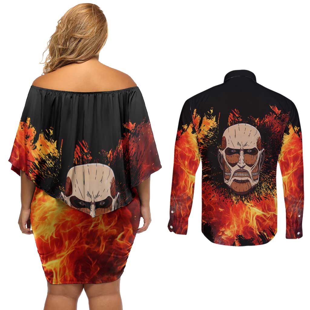 AOT Giant Titan - Attack On Titan Couples Matching Off Shoulder Short Dress and Long Sleeve Button Shirt Anime Style