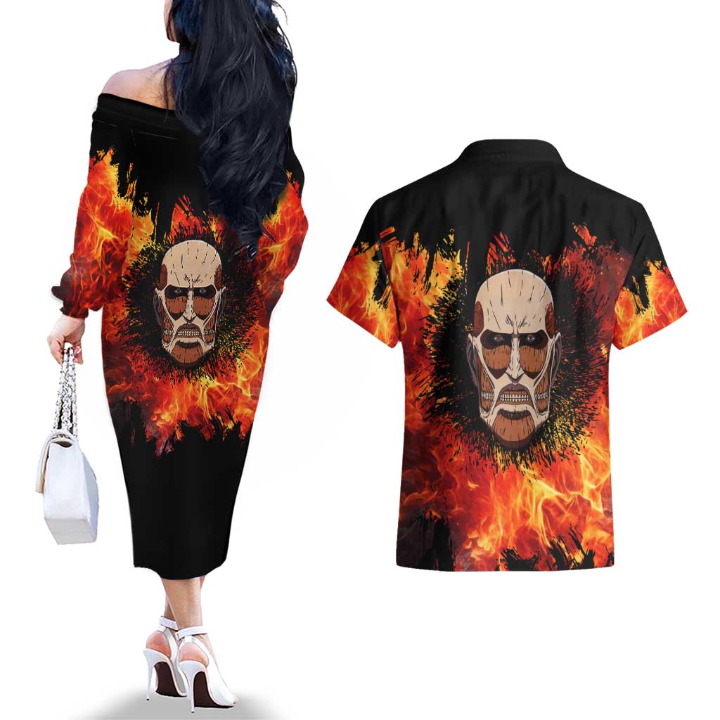 AOT Giant Titan - Attack On Titan Couples Matching Off The Shoulder Long Sleeve Dress and Hawaiian Shirt Anime Style