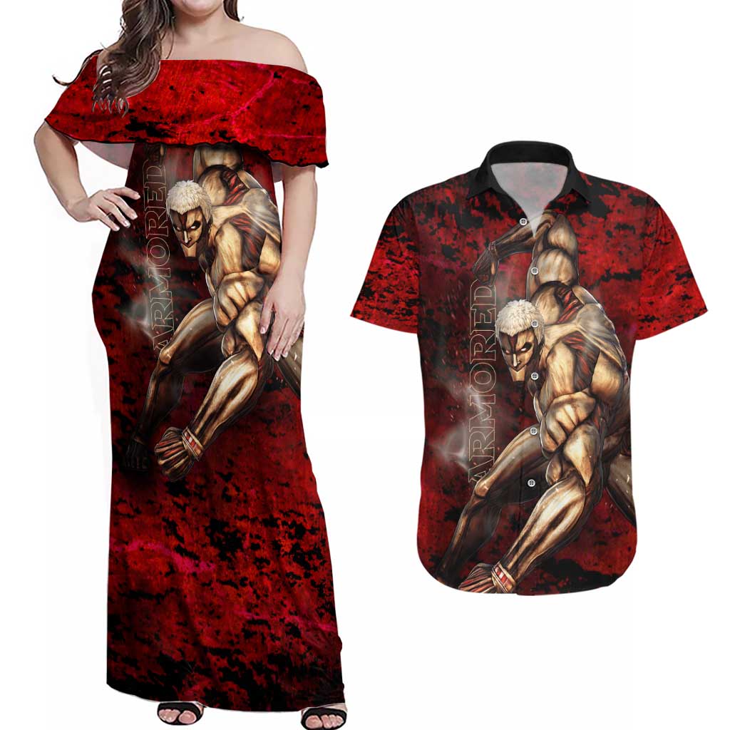 AOT Armored Titan - Attack On Titan Couples Matching Off Shoulder Maxi Dress and Hawaiian Shirt Anime Style