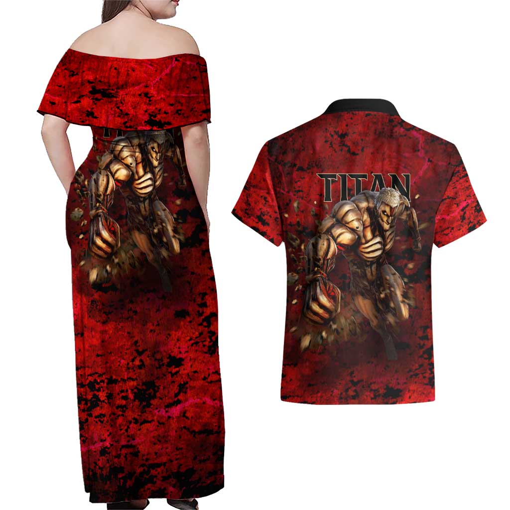 AOT Armored Titan - Attack On Titan Couples Matching Off Shoulder Maxi Dress and Hawaiian Shirt Anime Style
