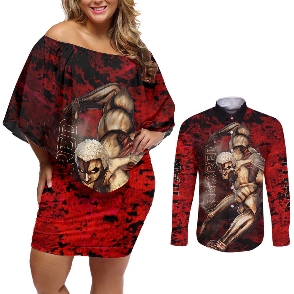 AOT Armored Titan - Attack On Titan Couples Matching Off Shoulder Short Dress and Long Sleeve Button Shirt Anime Style