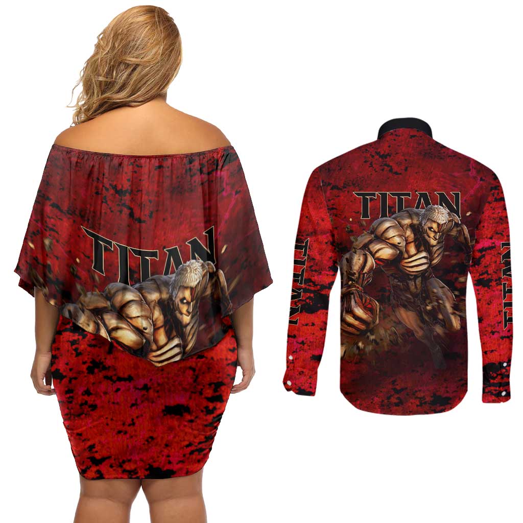 AOT Armored Titan - Attack On Titan Couples Matching Off Shoulder Short Dress and Long Sleeve Button Shirt Anime Style