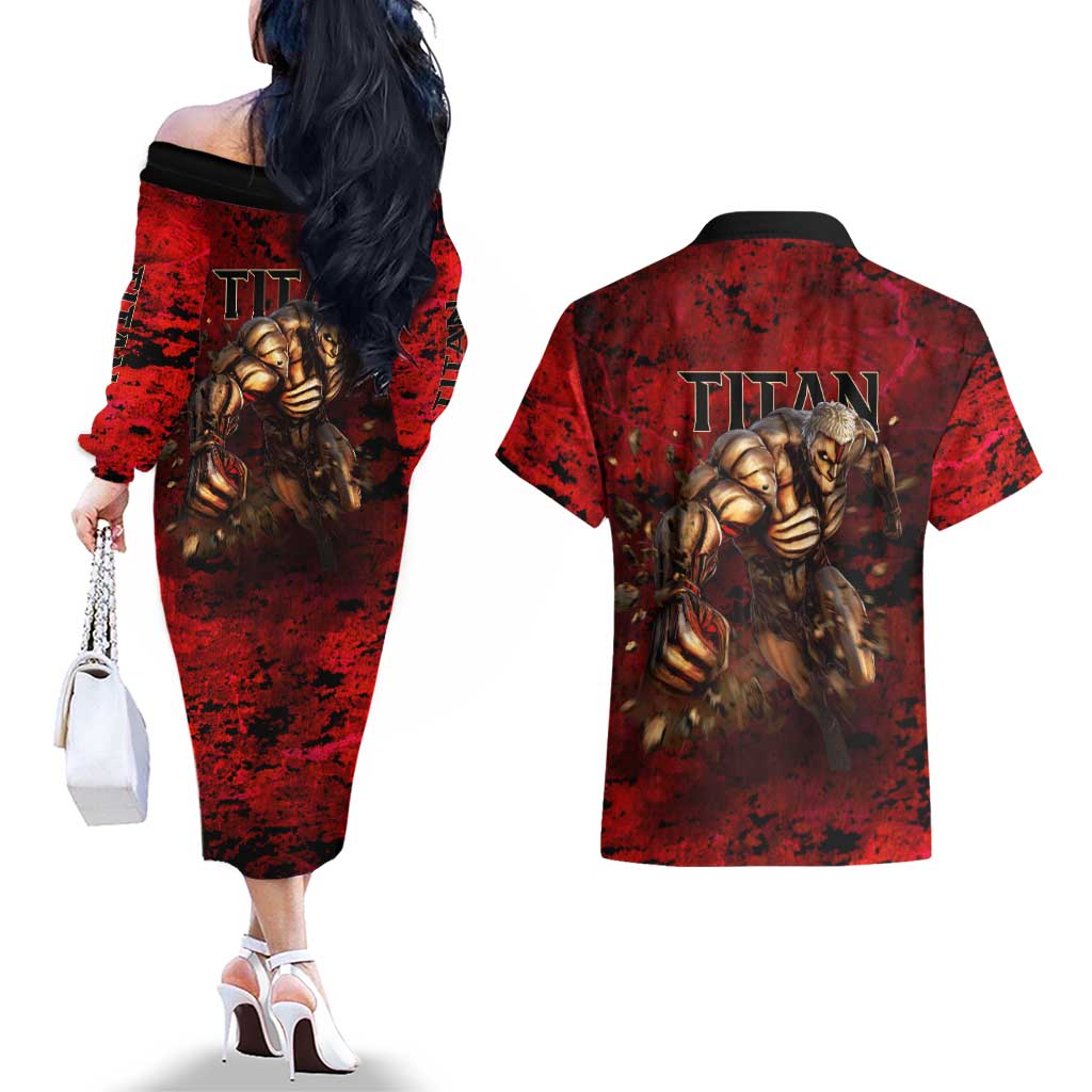 AOT Armored Titan - Attack On Titan Couples Matching Off The Shoulder Long Sleeve Dress and Hawaiian Shirt Anime Style