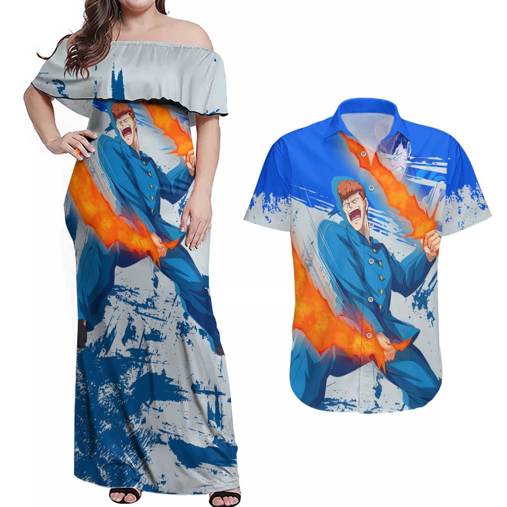 Kazuma Kuwabara - Yu yu Hakusho Couples Matching Off Shoulder Maxi Dress and Hawaiian Shirt Anime Style