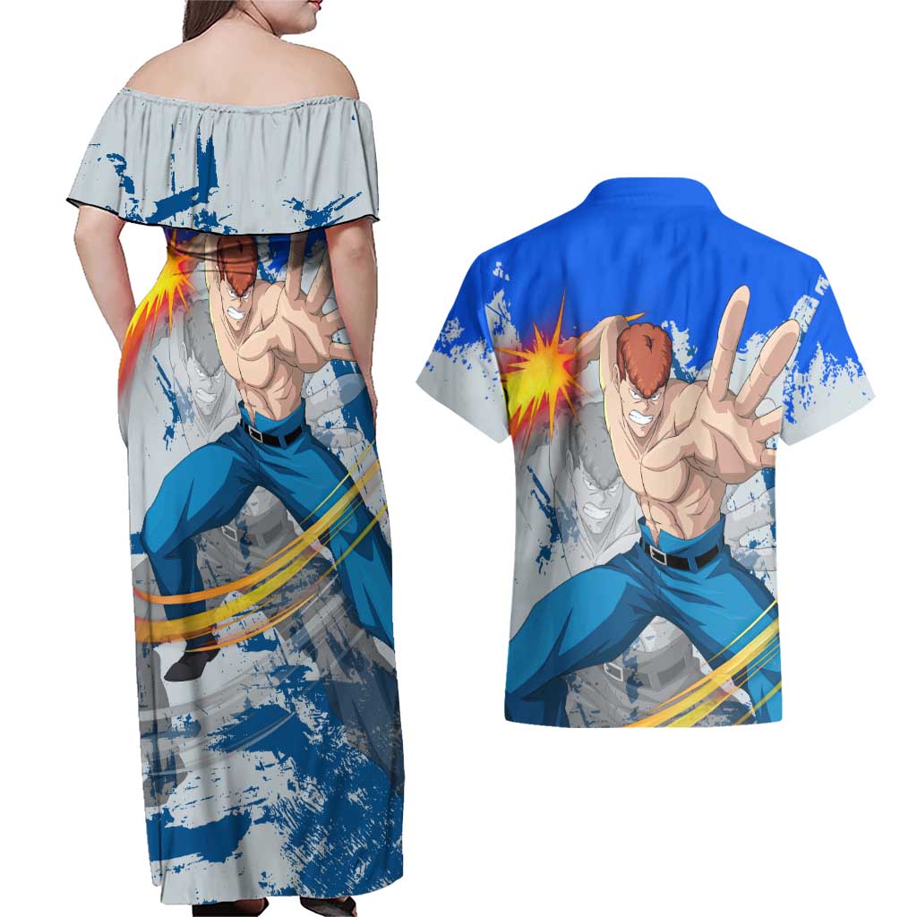 Kazuma Kuwabara - Yu yu Hakusho Couples Matching Off Shoulder Maxi Dress and Hawaiian Shirt Anime Style