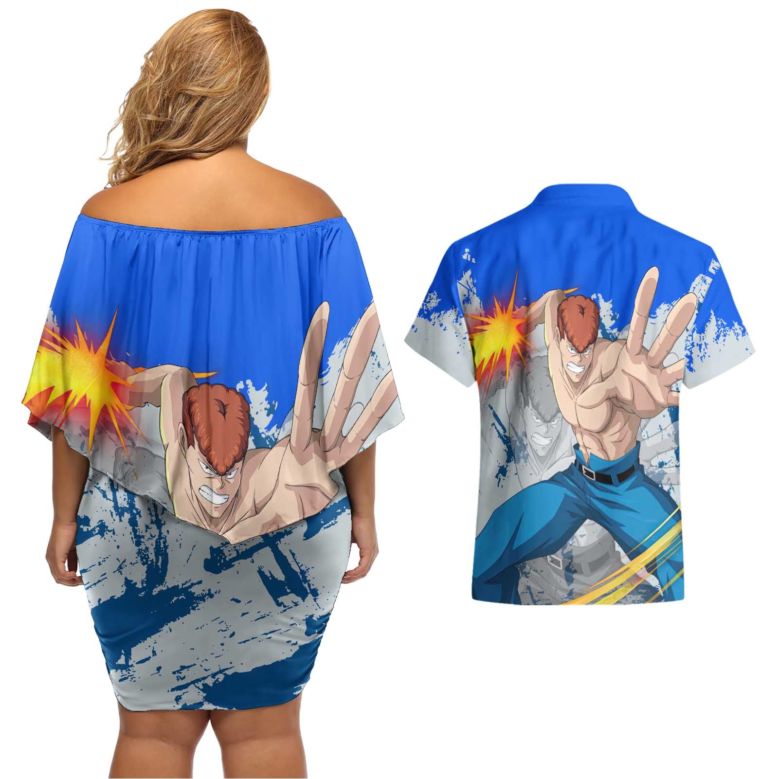 Kazuma Kuwabara - Yu yu Hakusho Couples Matching Off Shoulder Short Dress and Hawaiian Shirt Anime Style