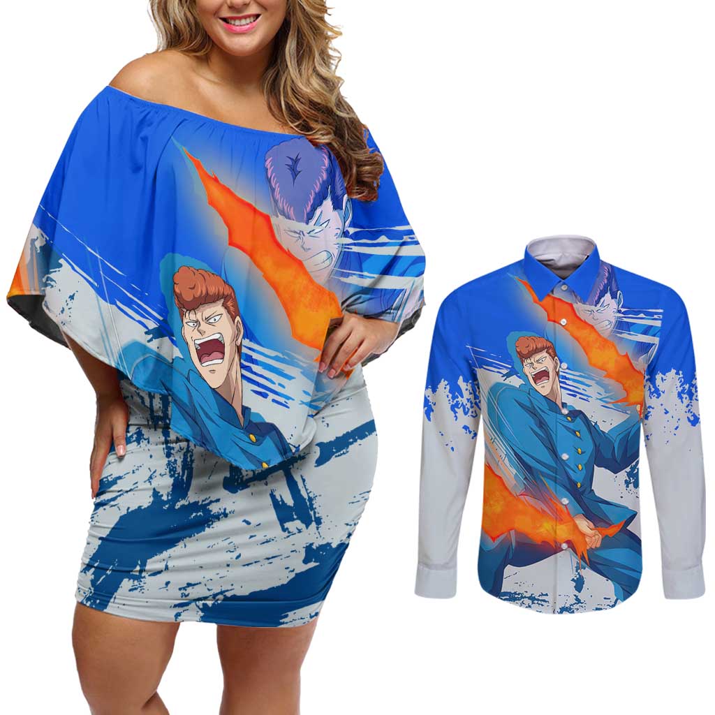Kazuma Kuwabara - Yu yu Hakusho Couples Matching Off Shoulder Short Dress and Long Sleeve Button Shirt Anime Style