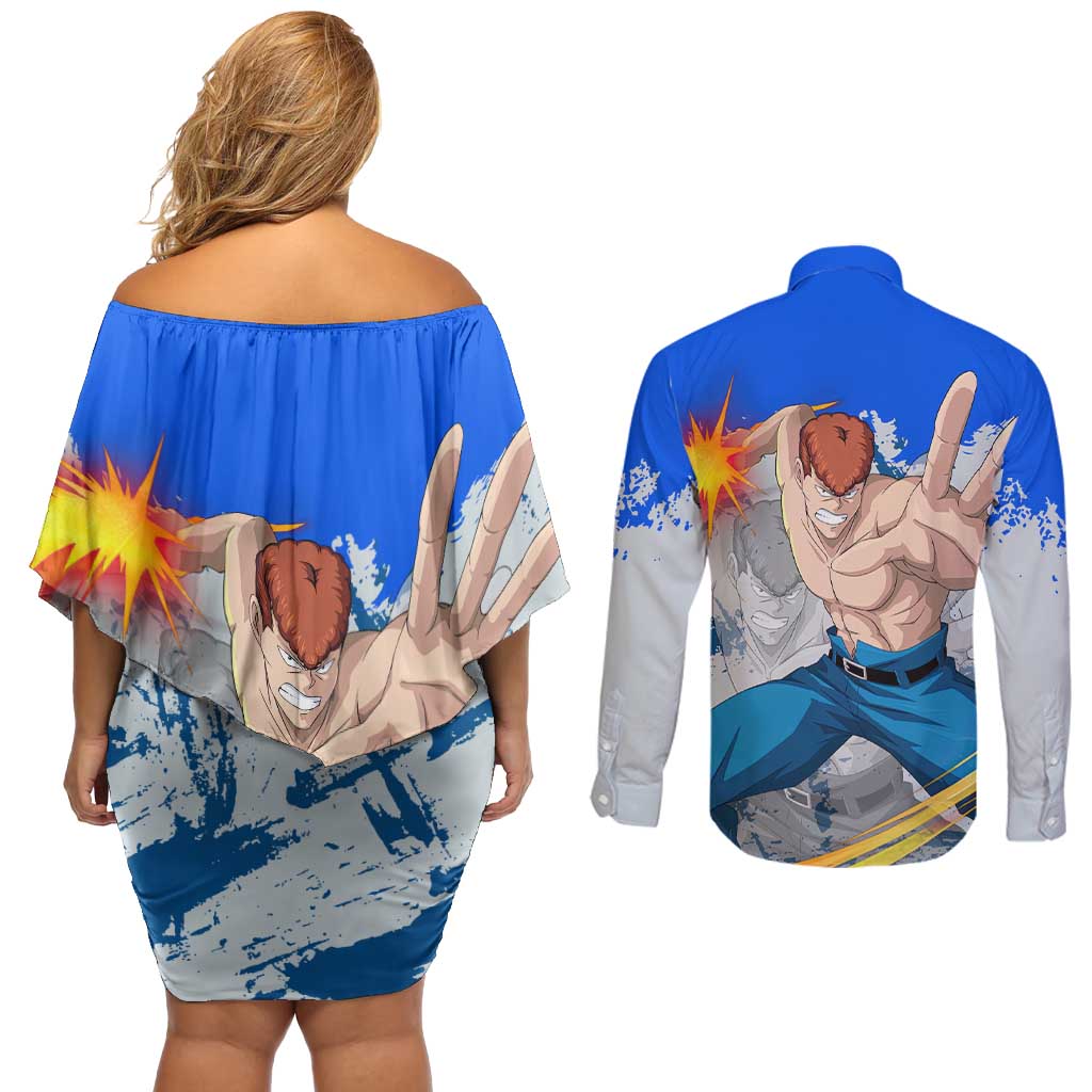 Kazuma Kuwabara - Yu yu Hakusho Couples Matching Off Shoulder Short Dress and Long Sleeve Button Shirt Anime Style