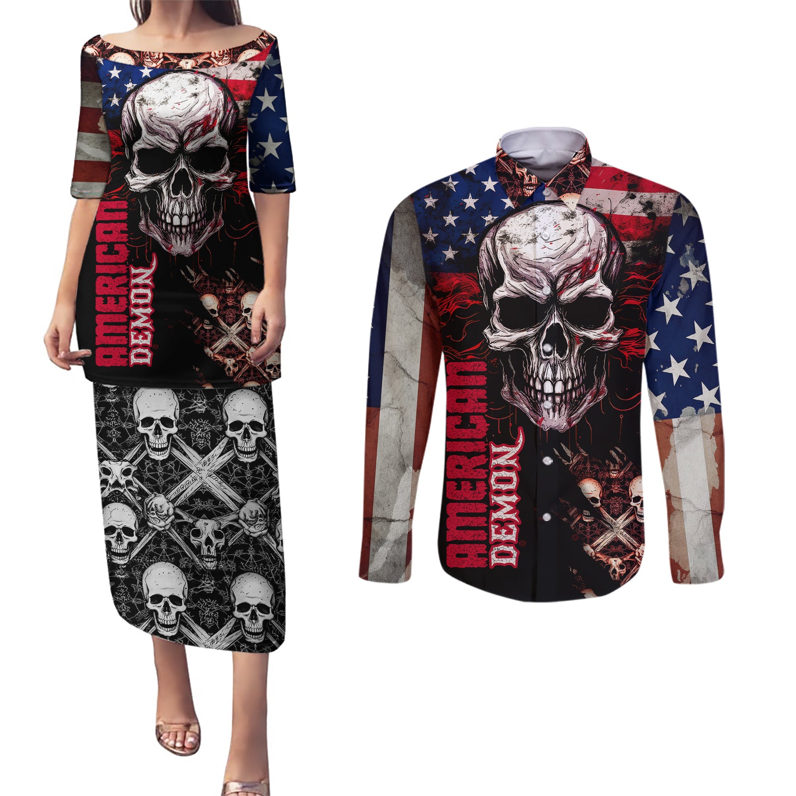 skull-couples-matching-puletasi-dress-and-long-sleeve-button-shirts-american-demon