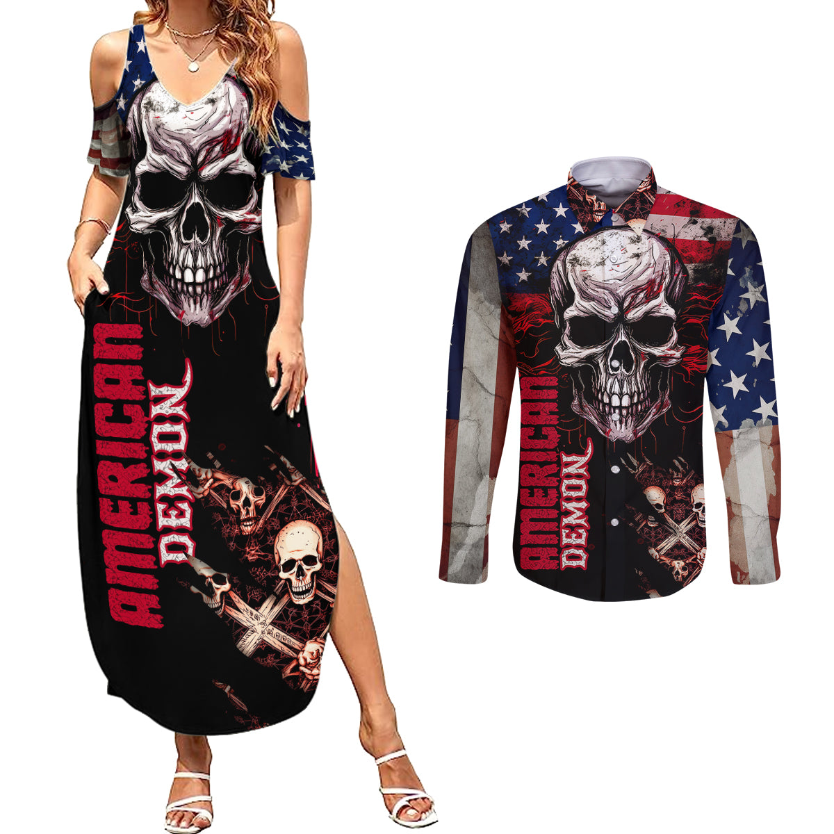 skull-couples-matching-summer-maxi-dress-and-long-sleeve-button-shirts-american-demon