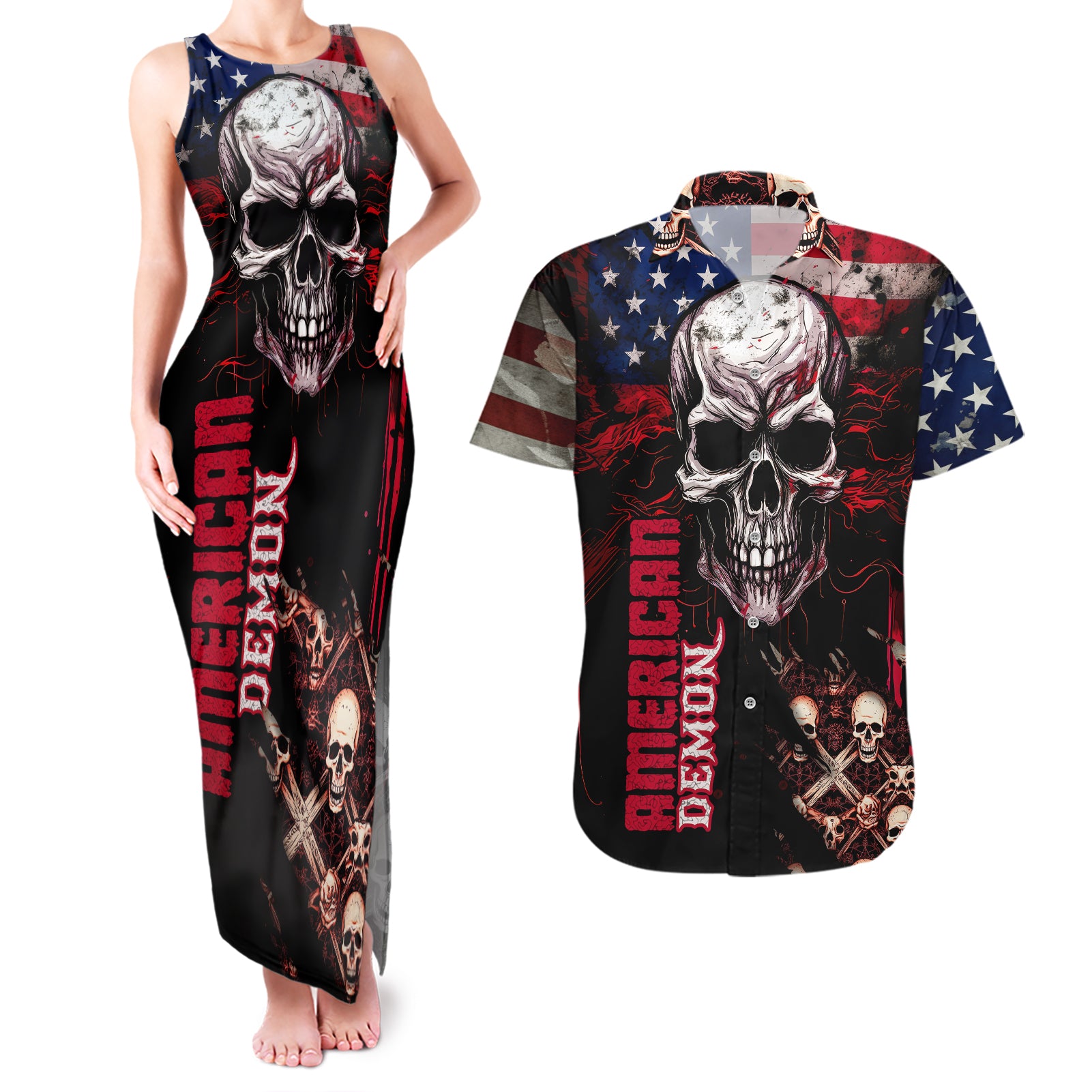 skull-couples-matching-tank-maxi-dress-and-hawaiian-shirt-american-demon