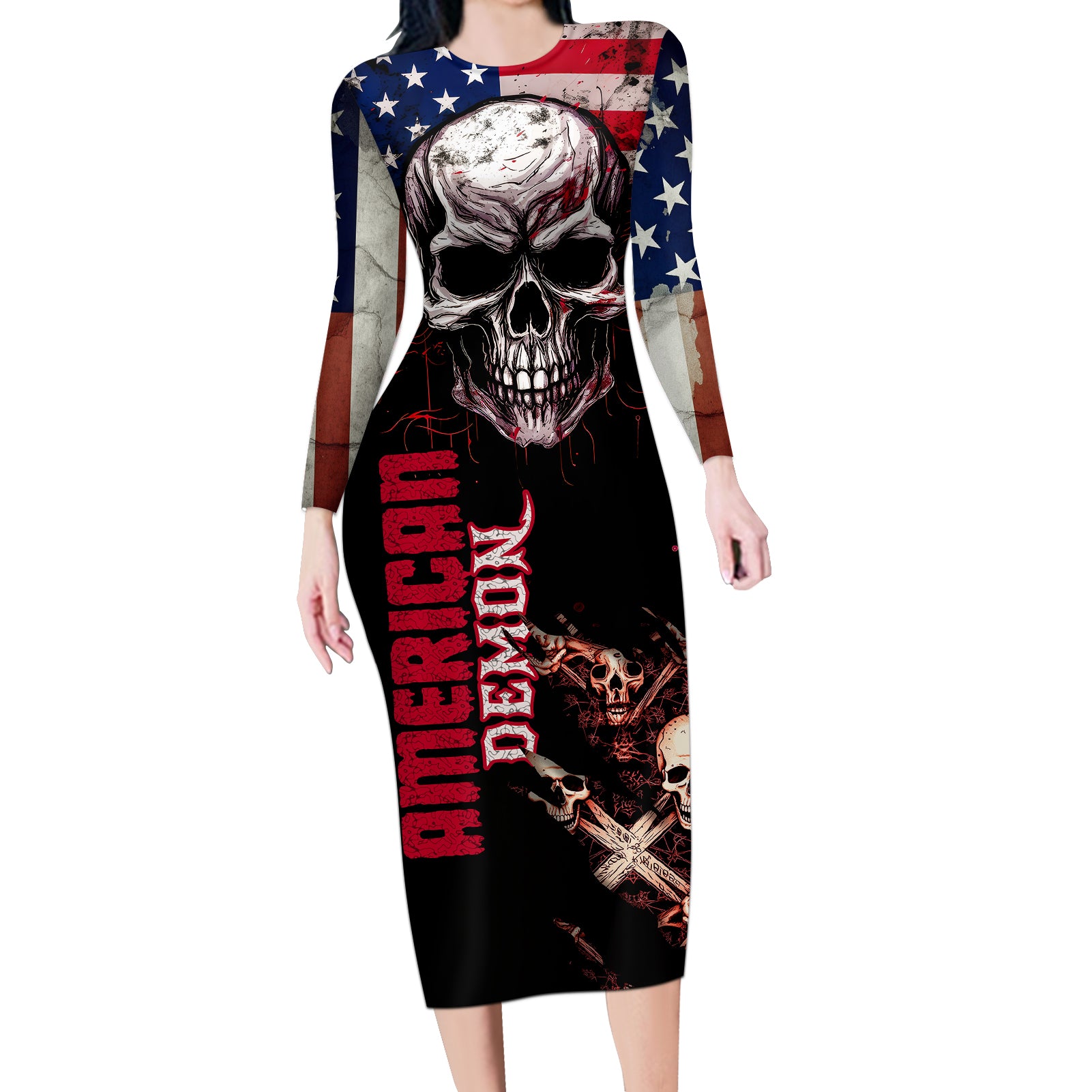 skull-long-sleeve-bodycon-dress-american-demon