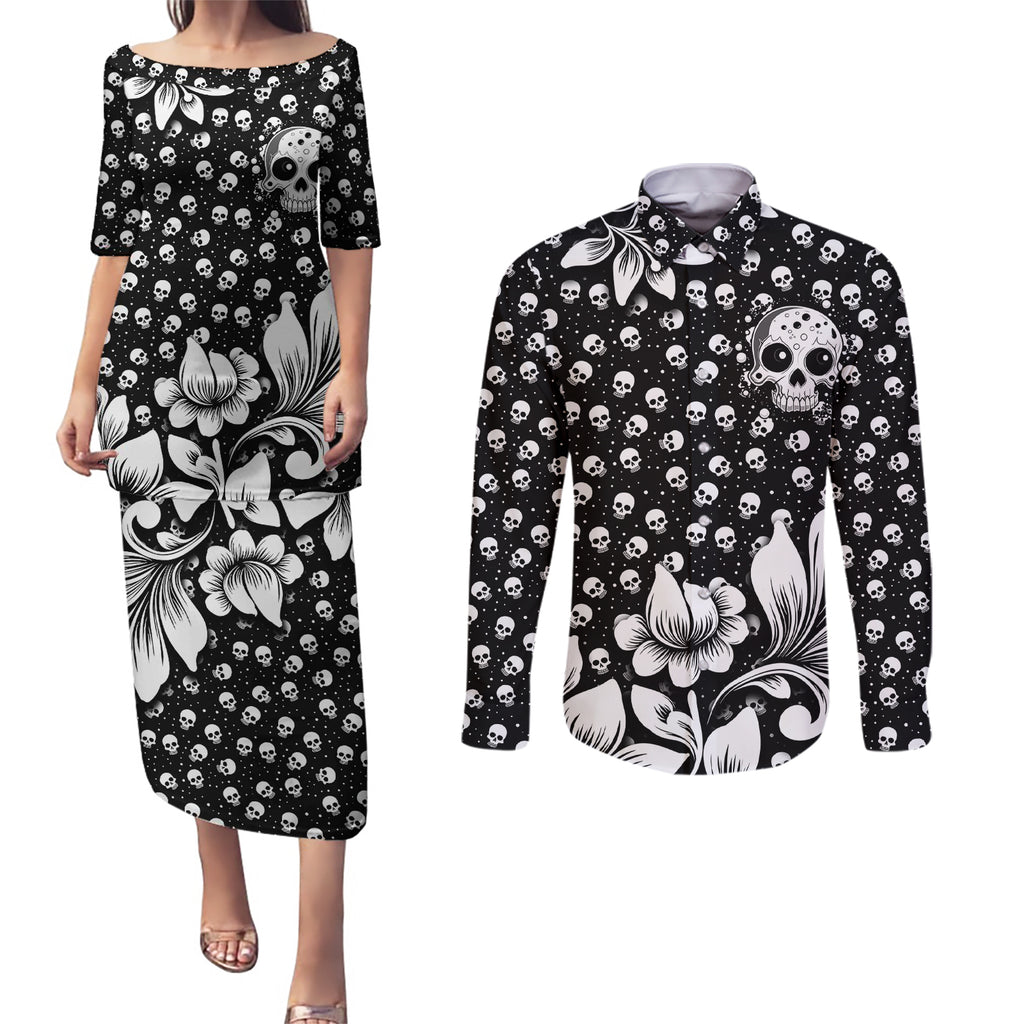 skull-couples-matching-puletasi-dress-and-long-sleeve-button-shirts-cute-skull-fun-and-floral