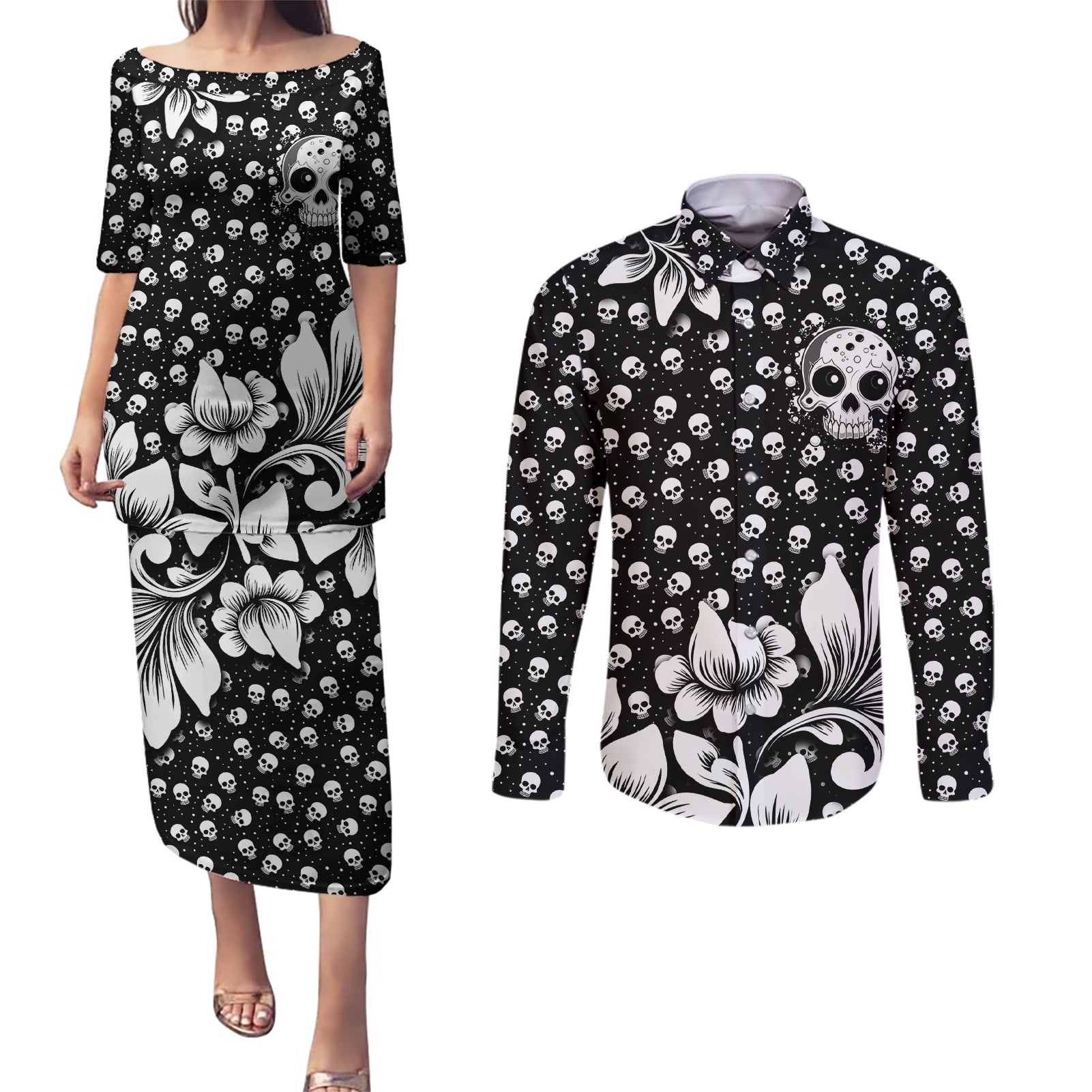 skull-couples-matching-puletasi-dress-and-long-sleeve-button-shirts-cute-skull-fun-and-floral