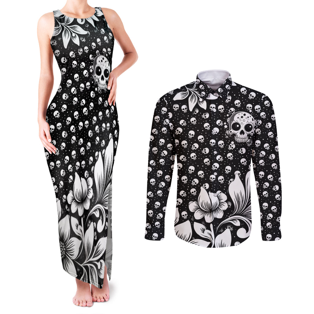 skull-couples-matching-tank-maxi-dress-and-long-sleeve-button-shirts-cute-skull-fun-and-floral