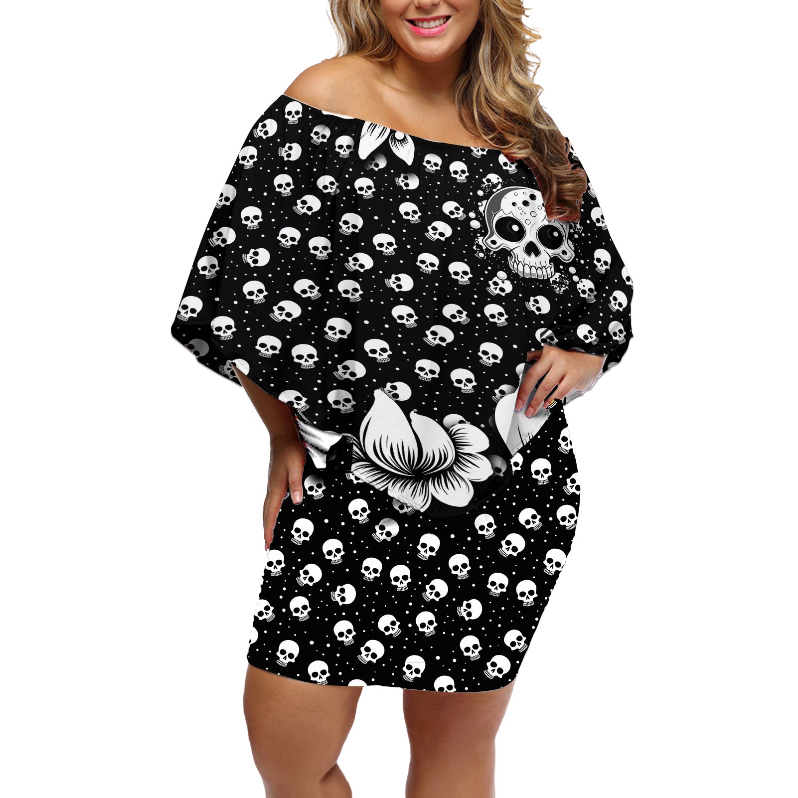 skull-off-shoulder-short-dress-cute-skull-fun-and-floral