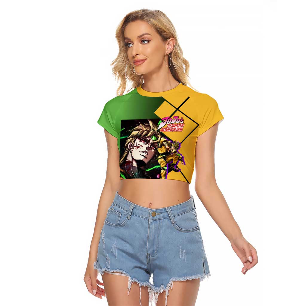 Dio Brando JoJo's Bizarre Adventure Raglan Cropped T Shirt with The World Stand Pose and Villainous Power Design - The Mazicc