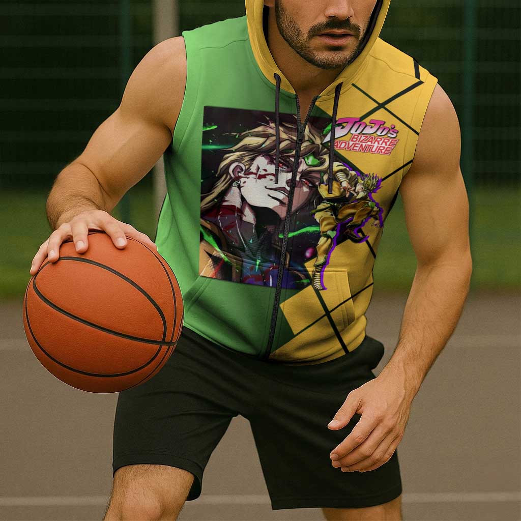 Dio Brando JoJo's Bizarre Adventure Sleeveless Zip Hoodie with The World Stand Pose and Villainous Power Design - The Mazicc