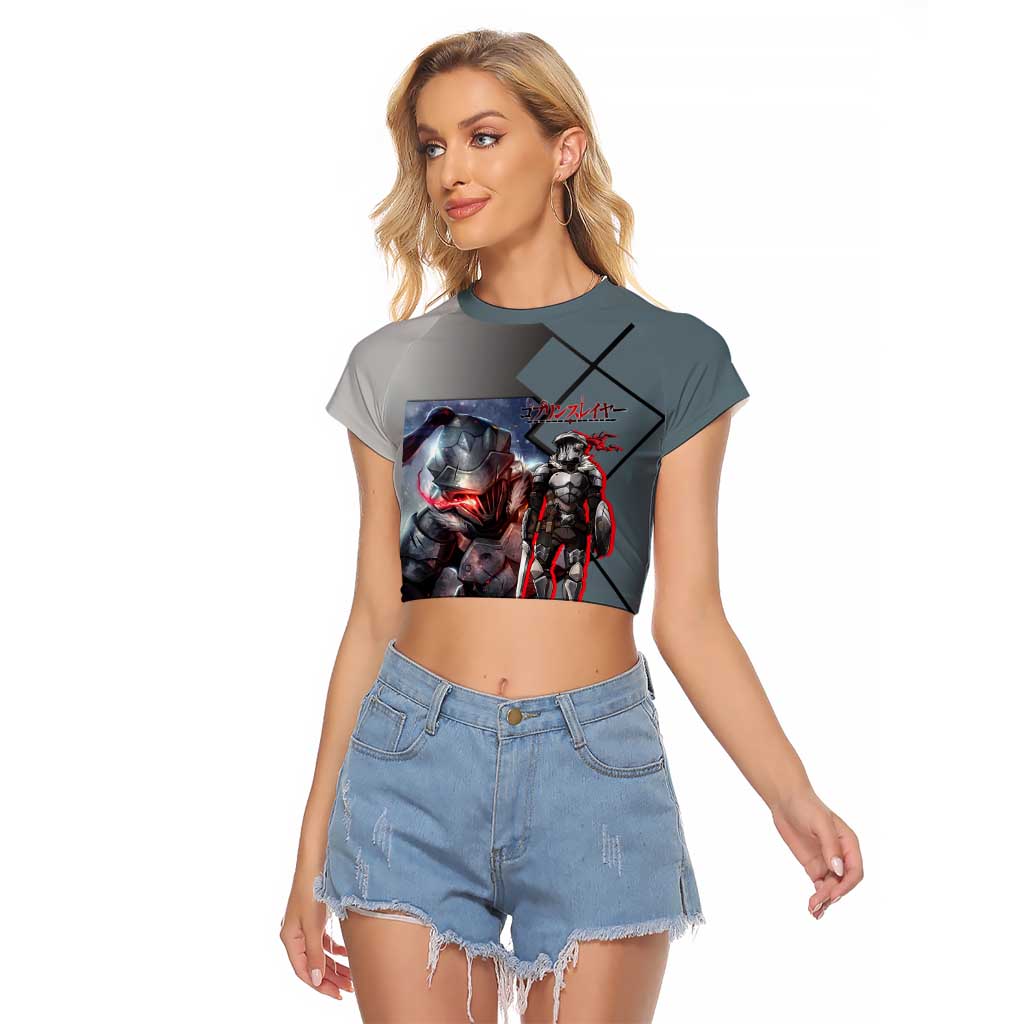 Goblin Slayer Goblin Slayer Raglan Cropped T Shirt with Armor Clad Battle Pose and Dark Fantasy Design - The Mazicc